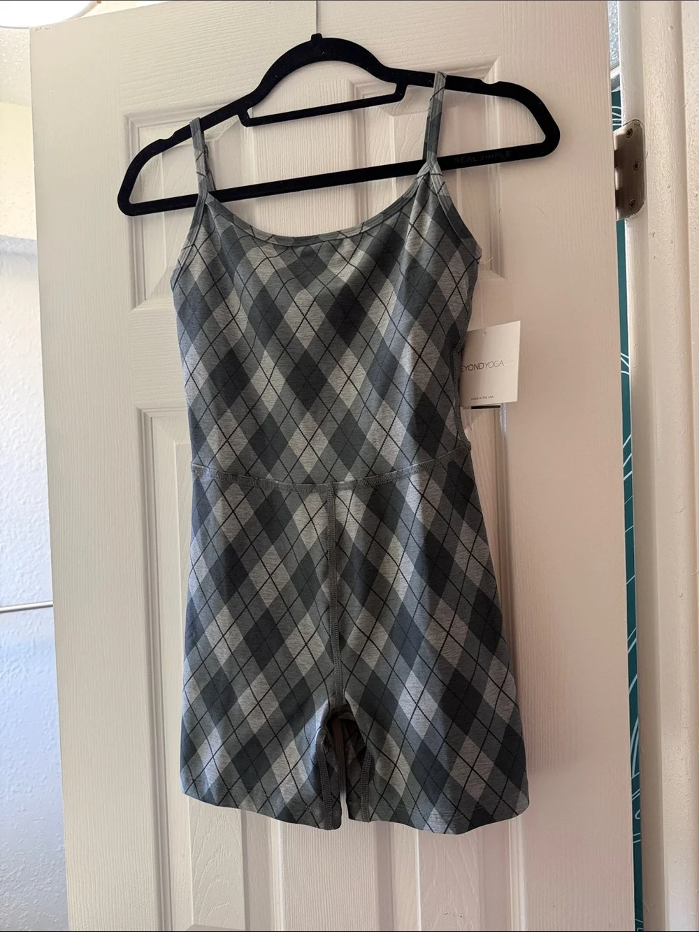 NWT Beyond Yoga Gray Argyle Biker Romper